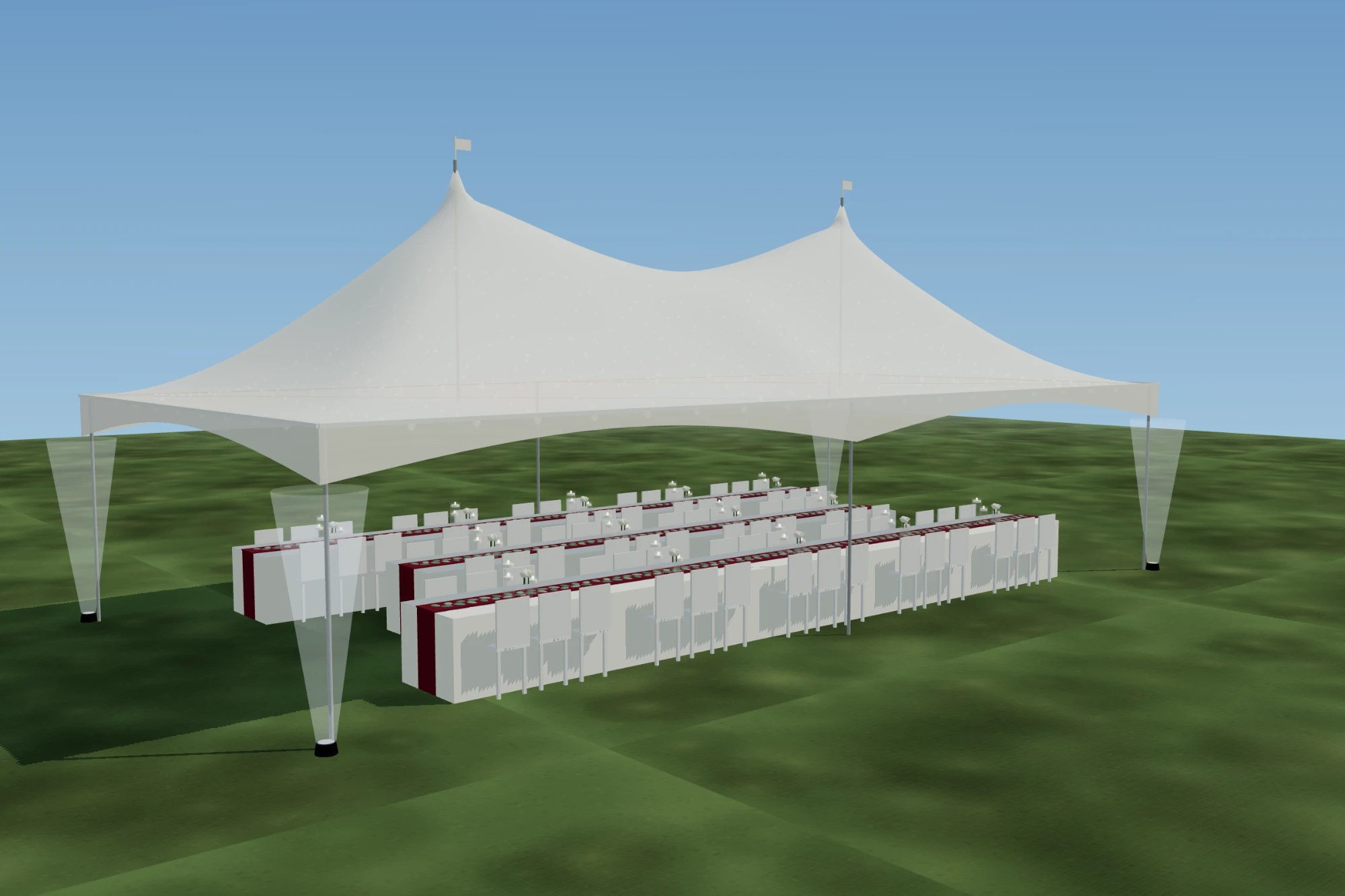 Lakeside Tent Co 20 × 40 twin-peak marquee set for 80 guests at long tables with burgundy runners